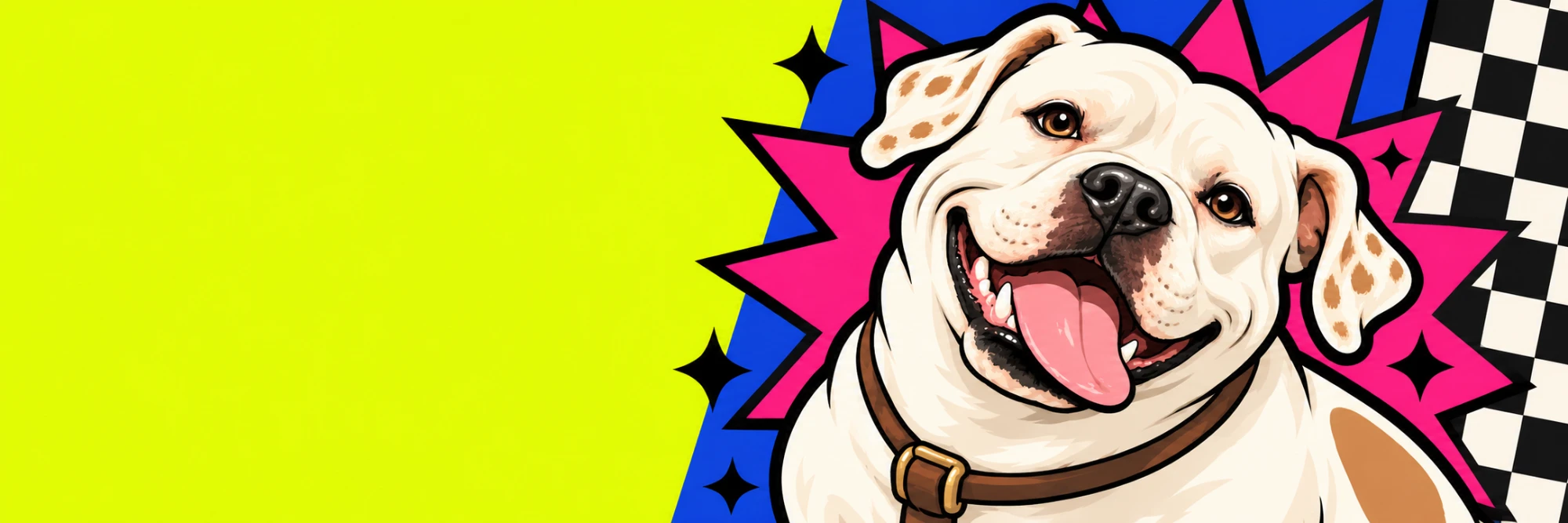 Bruiser the bulldog grinning in front of a pink starburst